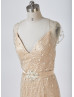 Queen Anne Neckline Champagne Beaded Tulle Floor Length Wedding Dress Luxury Dress